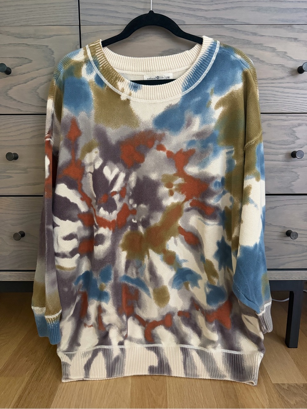 NATURAL LIFE Cream Crewneck Sweater with Blue, Olive & Rust Tie-Dye